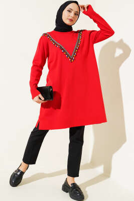 Önü V Boncuklu Triko Tunik Kırmızı - Triko Tunik
