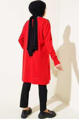 Önü V Boncuklu Triko Tunik Kırmızı - Triko Tunik