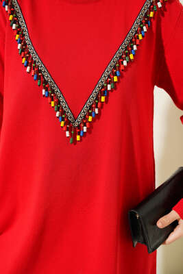 Önü V Boncuklu Triko Tunik Kırmızı - Triko Tunik