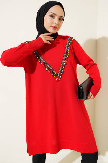Önü V Boncuklu Triko Tunik Kırmızı - Tunik