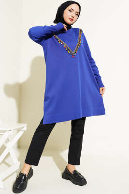 Önü V Boncuklu Triko Tunik Saks - Triko Tunik