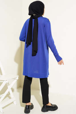 Önü V Boncuklu Triko Tunik Saks - Triko Tunik