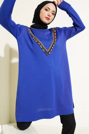 Önü V Boncuklu Triko Tunik Saks - Tunik