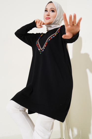 Önü V Boncuklu Triko Tunik Siyah - Tunik