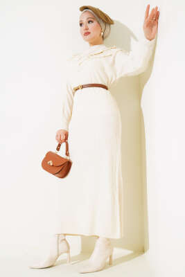 	 Önü V Dantelli Triko Elbise Bej - Tesettür Elbise