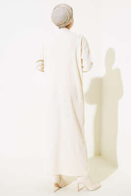 	 Önü V Dantelli Triko Elbise Bej - Tesettür Elbise