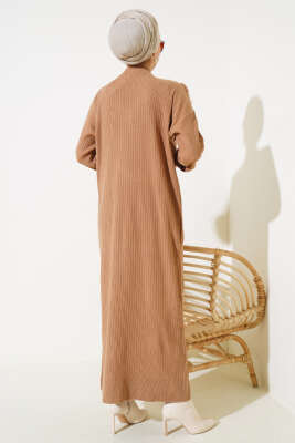 	 Önü V Dantelli Triko Elbise Latte - Tesettür Elbise