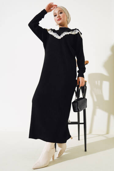 	 Önü V Dantelli Triko Elbise Siyah - Elbise
