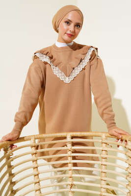 Önü V Dantelli Triko Tunik Latte - PİYES COLLECTİON