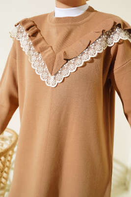 Önü V Dantelli Triko Tunik Latte - Triko Tunik