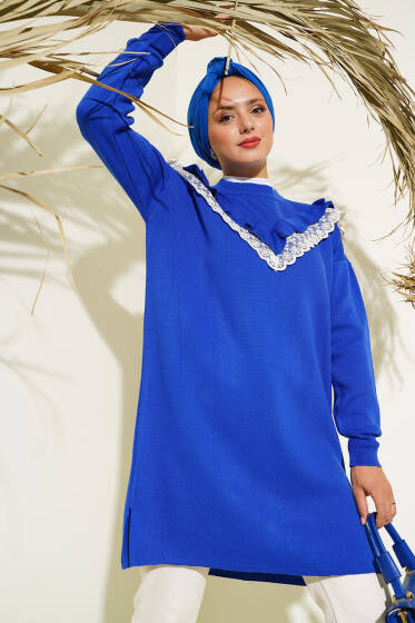 Önü V Dantelli Triko Tunik Saks - Tunik