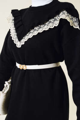 Önü V Dantelli Triko Tunik Siyah - Triko Tunik