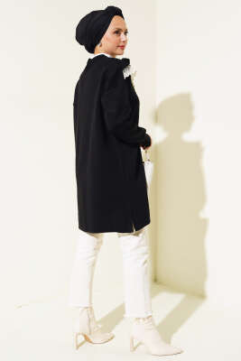 Önü V Dantelli Triko Tunik Siyah - Triko Tunik