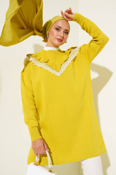 Önü V Dantelli Triko Tunik Yağ Yeşili - Tunik