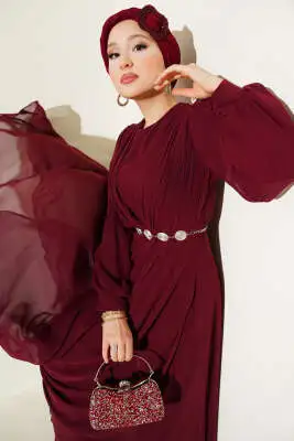 Önü V Pileli Kemerli Abiye Elbise Bordo 