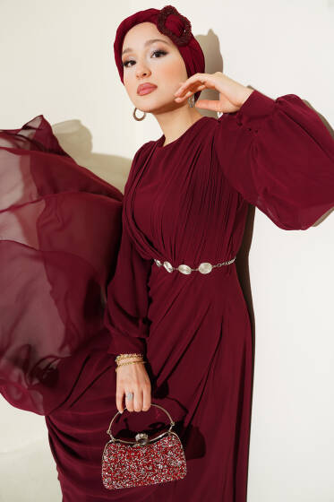 Önü V Pileli Kemerli Abiye Elbise Bordo - Tesettür Elbise