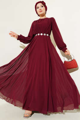 Önü V Pileli Kemerli Abiye Elbise Bordo - Tesettür Elbise
