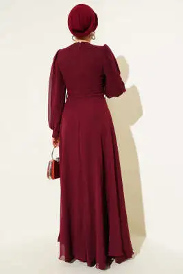 Önü V Pileli Kemerli Abiye Elbise Bordo - Tesettür Elbise
