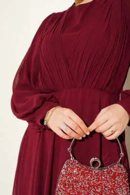 Önü V Pileli Kemerli Abiye Elbise Bordo - Tesettür Elbise