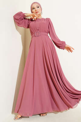 Önü V Pileli Kemerli Abiye Elbise Gül Kurusu