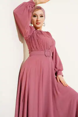 Önü V Pileli Kemerli Abiye Elbise Gül Kurusu - Tesettür Elbise