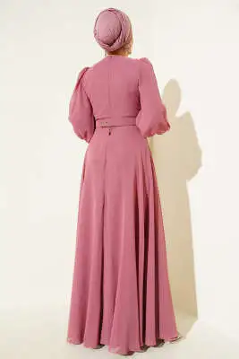 Önü V Pileli Kemerli Abiye Elbise Gül Kurusu - Tesettür Elbise