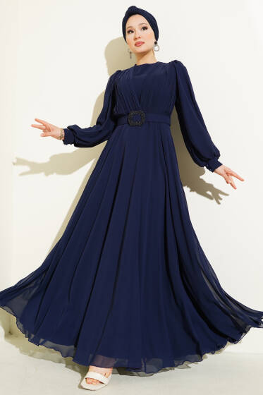 Önü V Pileli Kemerli Abiye Elbise Lacivert - Tesettür Elbise