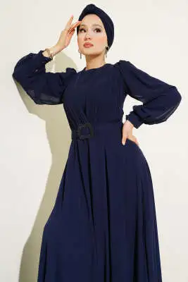 Önü V Pileli Kemerli Abiye Elbise Lacivert - Tesettür Elbise