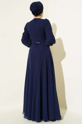 Önü V Pileli Kemerli Abiye Elbise Lacivert - Tesettür Elbise