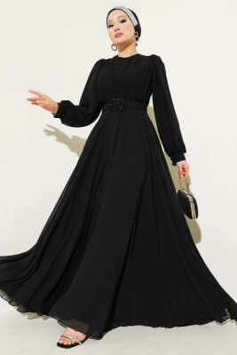 Önü V Pileli Kemerli Abiye Elbise Siyah 