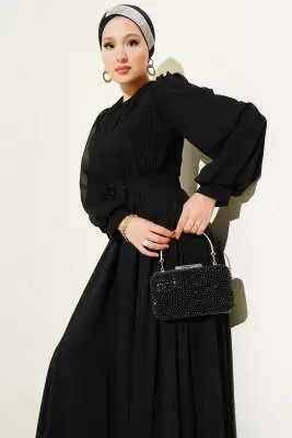 Önü V Pileli Kemerli Abiye Elbise Siyah - Tesettür Elbise