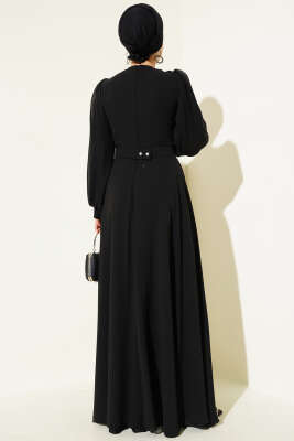 Önü V Pileli Kemerli Abiye Elbise Siyah - Tesettür Elbise