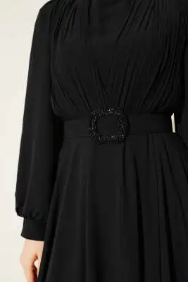 Önü V Pileli Kemerli Abiye Elbise Siyah - Tesettür Elbise