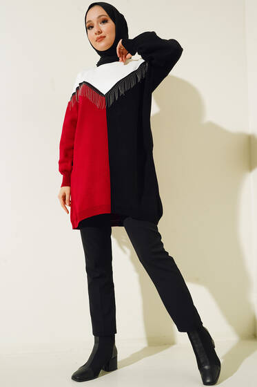 Önü V Zincir Detaylı Triklo Tunik Bordo - Triko Tunik