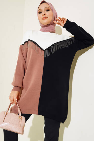 Önü V Zincir Detaylı Triklo Tunik Gül Kurusu - Triko Tunik