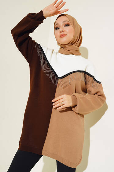 Önü V Zincir Detaylı Triklo Tunik Kahve - Triko Tunik