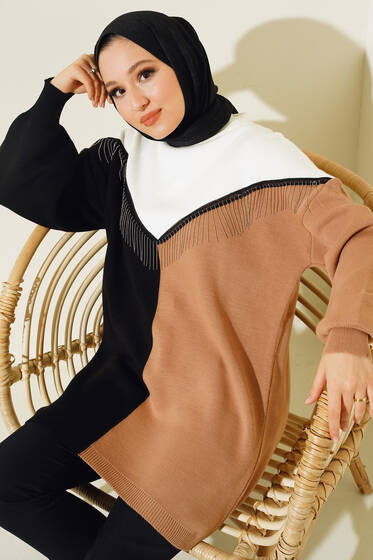 Önü V Zincir Detaylı Triklo Tunik Siyah - Triko Tunik