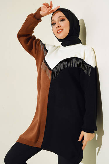 Önü V Zincir Detaylı Triklo Tunik Taba - Triko Tunik