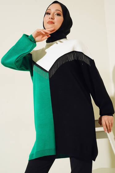Önü V Zincir Detaylı Triklo Tunik Yeşil - Triko Tunik