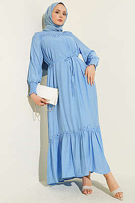 Önü ve Bileği Gipeli Volanlı Elbise Mavi 
