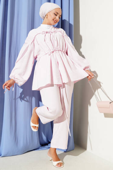 Önü Ve Kolu Bağcıklı İkili Takım Pembe - İkili Takım