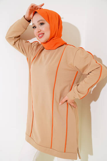 Önü ve Kolu Şeritli Tunik Camel - Tunik