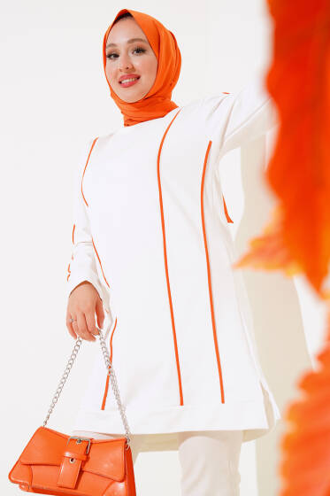 Önü ve Kolu Şeritli Tunik Ekru - Tunik