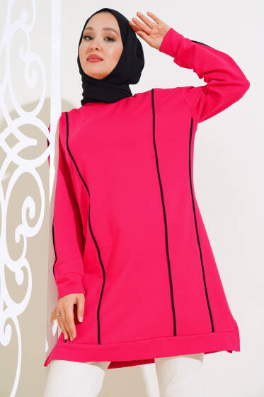 Önü ve Kolu Şeritli Tunik Fuşya - Tunik