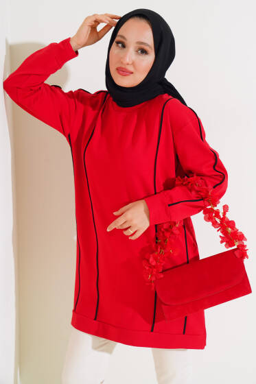Önü ve Kolu Şeritli Tunik Kırmızı - Tunik