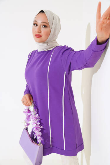Önü ve Kolu Şeritli Tunik Lila - Tunik