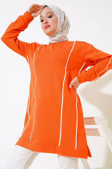 Önü ve Kolu Şeritli Tunik Oranj - Tunik