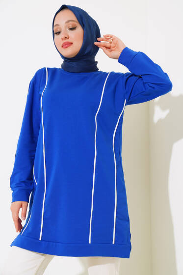 Önü ve Kolu Şeritli Tunik Saks - Tunik