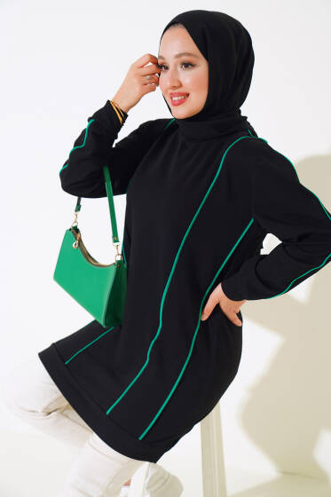 Önü ve Kolu Şeritli Tunik Siyah - Tunik