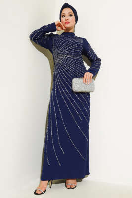 Önü ve Kolu Taş Süslemeli Elbise Lacivert - MUSTİ